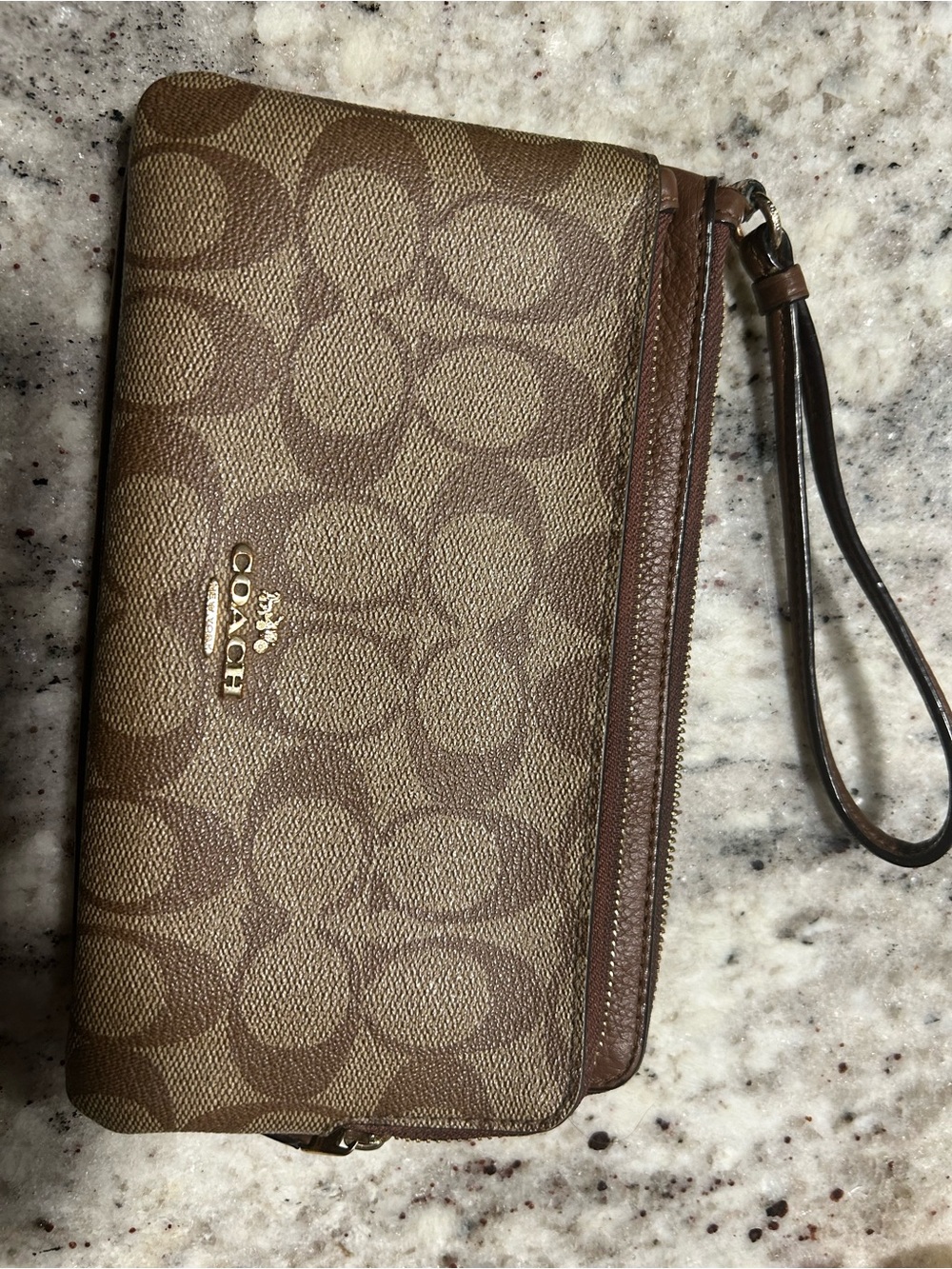 Coach Brown Signature Canvas Wristlet with Leather Trim